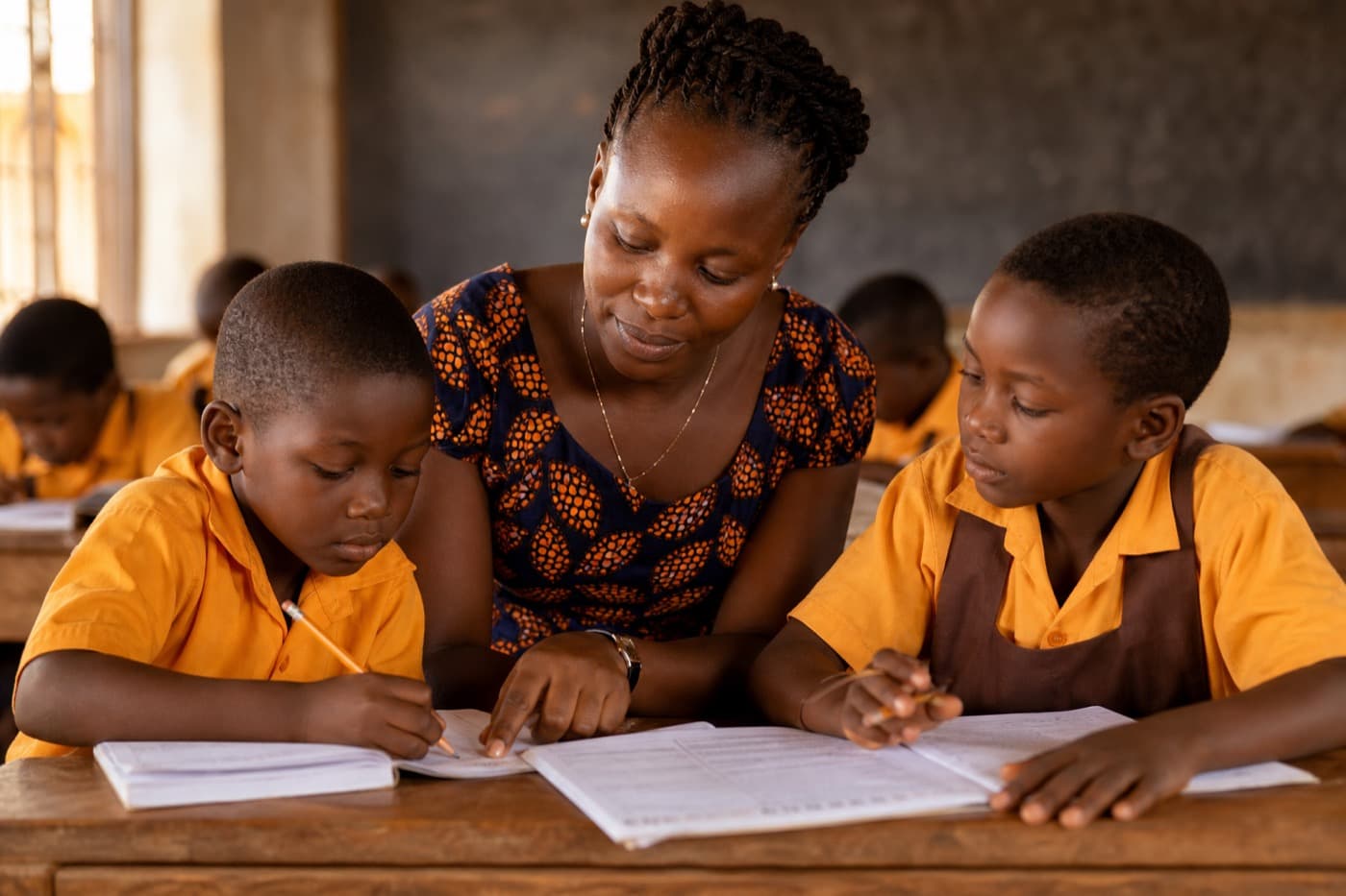 Teacher supporting learners in a Ugandan classroom
